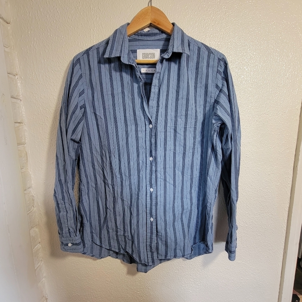 Grayson the Hero Striped Cotton Button Down Top sz 4/L Blue Office Old Money